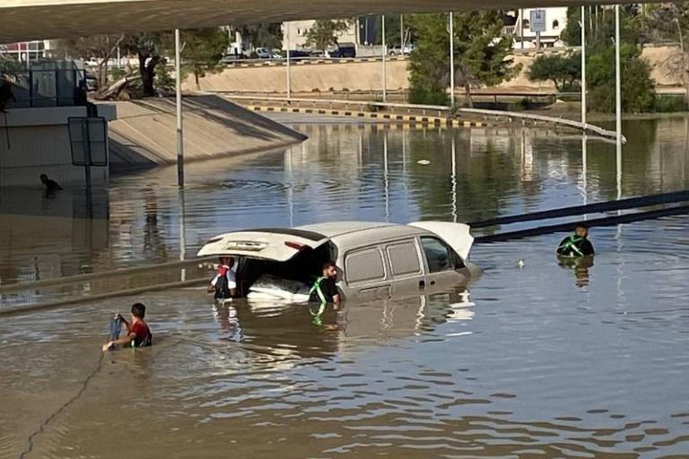 A van is submerged in water under a bridge.