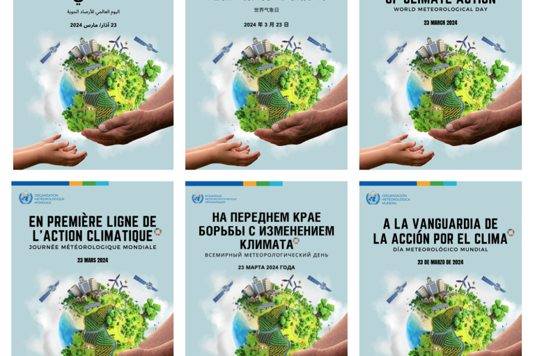 Six posters for world meteorological day 2021, each showing a pair of hands cradling the earth with greenery and cityscapes, with text in different languages highlighting climate action.