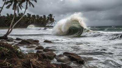 A large wave crashes into a beach with palm trees in the background.