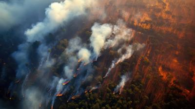 An aerial view of a forest fire.