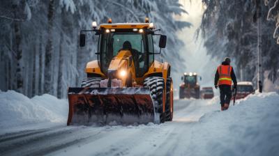 A snow plow is driving down a snowy road.