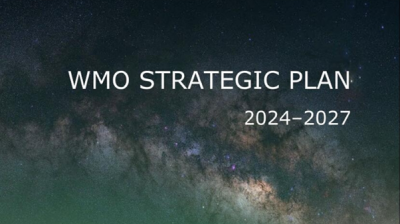 Wmo strategic plan 2024-2027 with a starry night sky background.