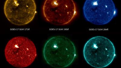 GOES-17 SUVI view of the sun in six extreme ultraviolet wavelengths during a solar flare on May 28, 2018. Credit: NOAA/NASA