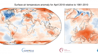 Surface air temperature anomaly for April 2018