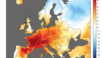 Map of anomalies in temperature (°C) estimated from ERA5 25-29 June 2019. ECMWF, Copernicus Climate Change Service).