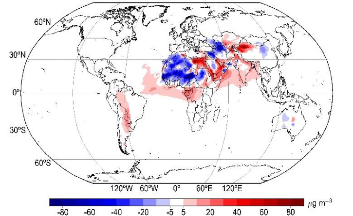 The anomaly of the annual mean surface concentration of dust in 2019 