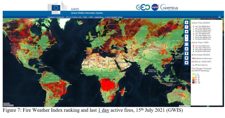 Fire Weather Index ranking and last 1 day active fires, 15th July 2021 (GWIS)