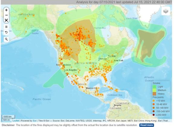 Hazard mapping system fire and smoke product for North America, 15th July 2021 (OSPO/NOAA)
