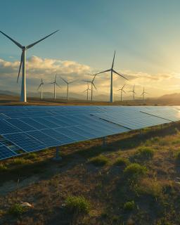 Solar panels and wind turbines generating renewable energy at sunset.