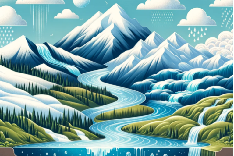 Illustration of a stylized landscape featuring a river winding through snow-capped mountains, with clouds and various forms of precipitation depicted.