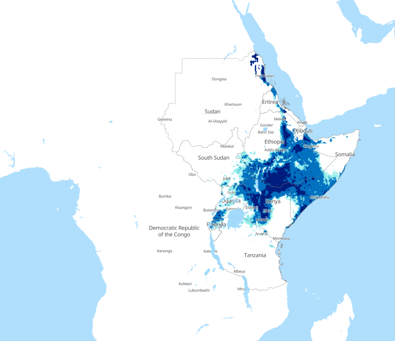 Map showing rainfall in the horn of africa, with areas of highest density in dark blue, spanning ethiopia, somalia, and parts of kenya.